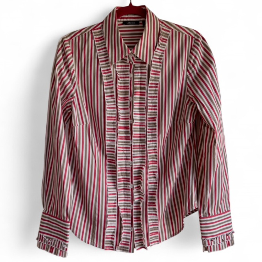 Carlisle 100% Cotton Tuxedo Ruffle Front Striped Button Down Shirt Size 8